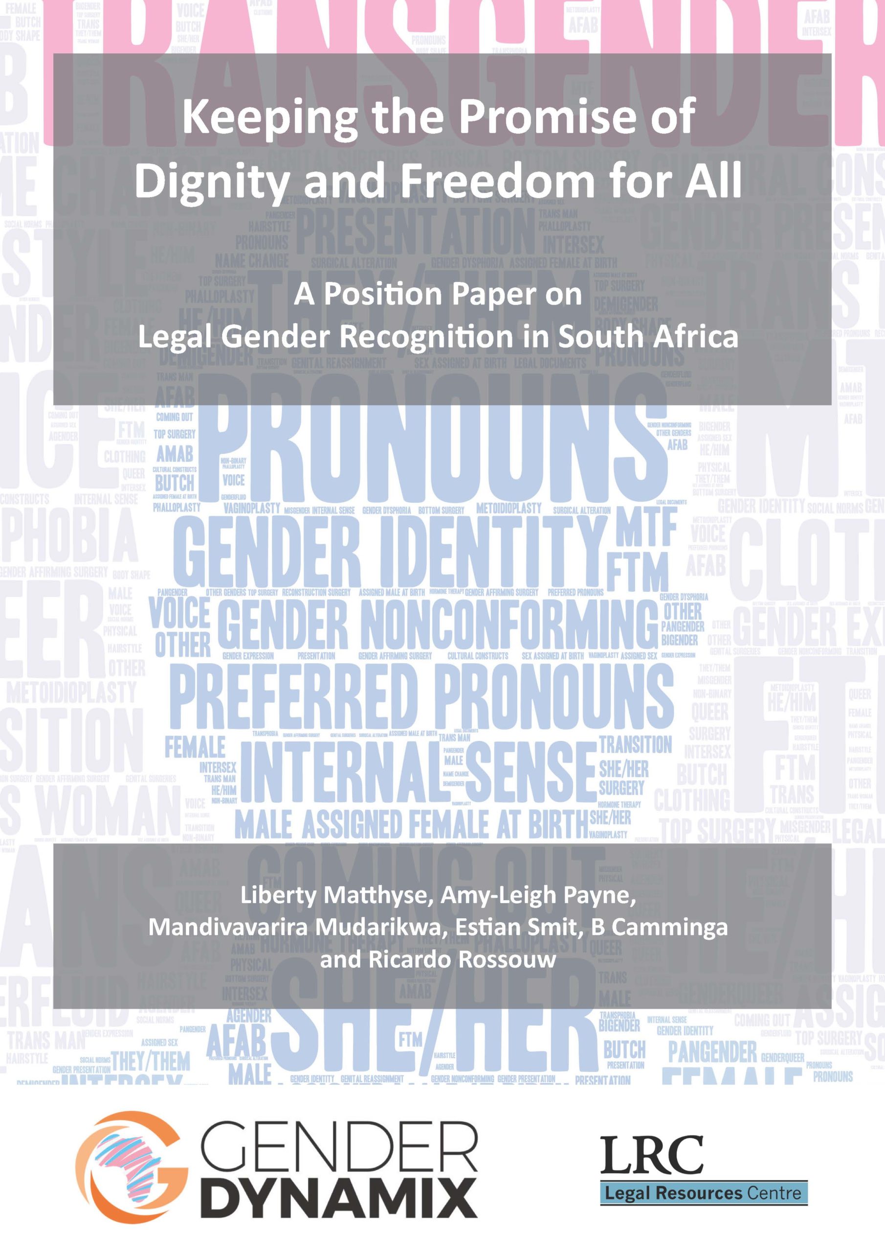Front page of position paper on legal gender recognition in South Africa