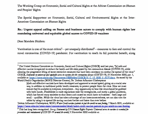 Urgent appeal calling on States and business actors to comply with human rights law mandating universal and equitable global access to COVID-19 vaccines
